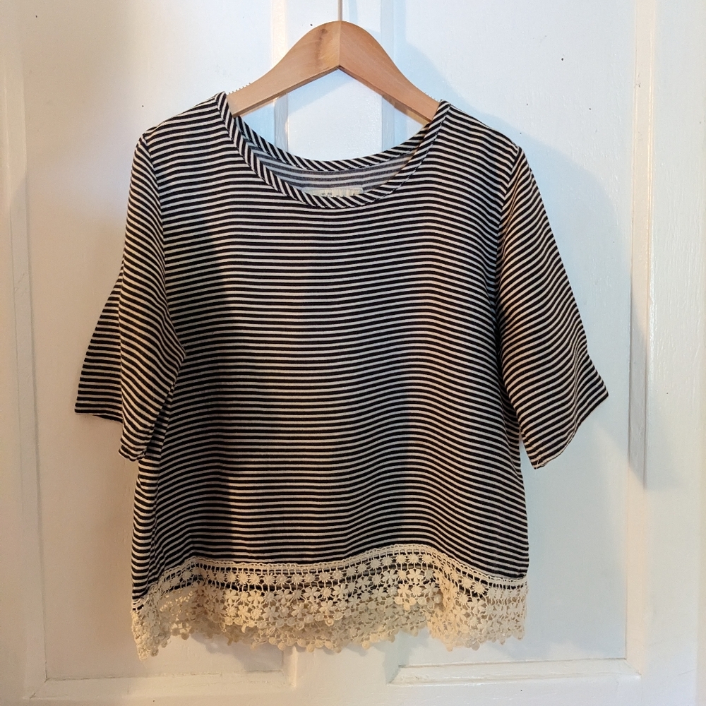 striped shirt with crochet flower fringe